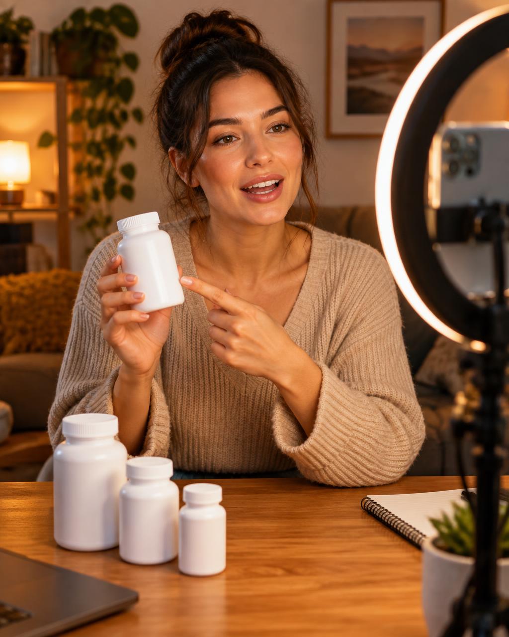 Creator filming a supplement video on a phone with a ring light, holding an unbranded bottle with more bottles on the desk