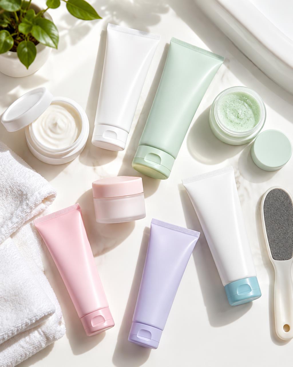 Flat lay of unbranded skincare and foot care tubes and jars beside a folded towel in a bright bathroom