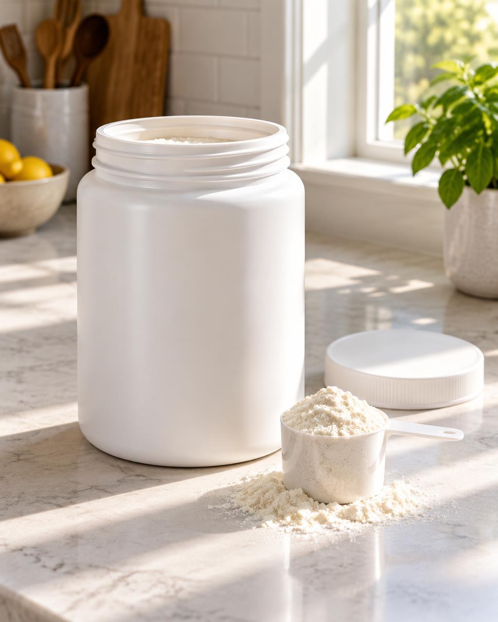 Unbranded white supplement powder tub with an open lid and a full scoop of powder on a sunlit kitchen counter